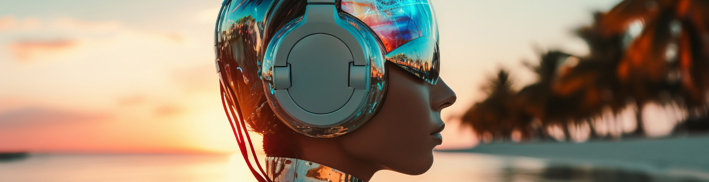 Femme futuriste avec un casque sur les oreilles