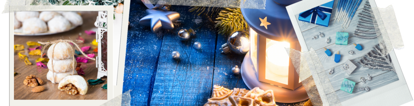 Composition de photos représentant Noël (lanterne allumée, biscuits de Noël)