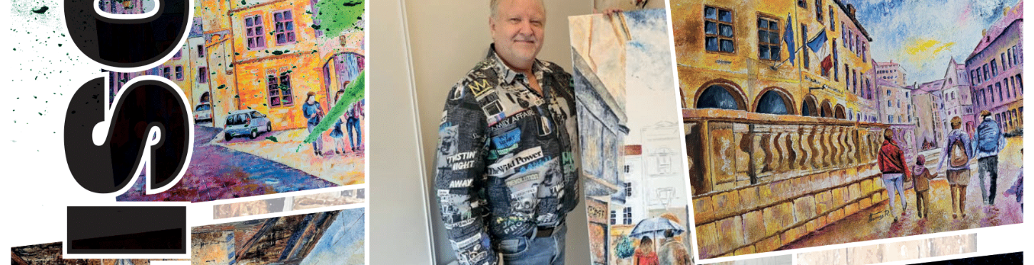 Une photo de Robert Thomas, entourée des peintures qu'il a faites