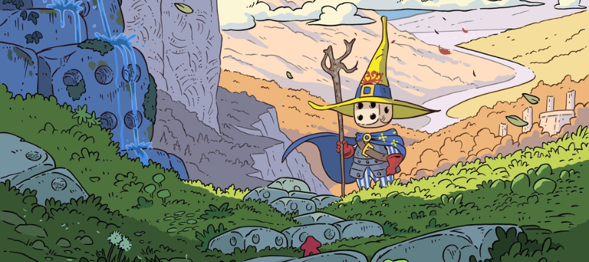 Affiche haute en couleurs avec un personnage affublé d'un dé à la lace du visage et d'un chapeau de sorcier dans un paysage féérique