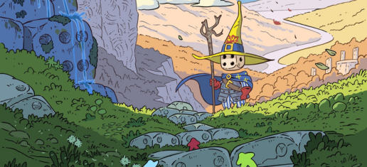 Affiche haute en couleurs avec un personnage affublé d'un dé à la lace du visage et d'un chapeau de sorcier dans un paysage féérique